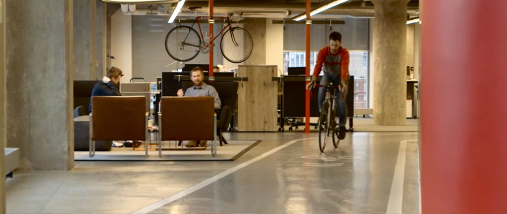 Bicycle manufacturer SRAM’s headquarters in Chicago has an internal cycling track.
