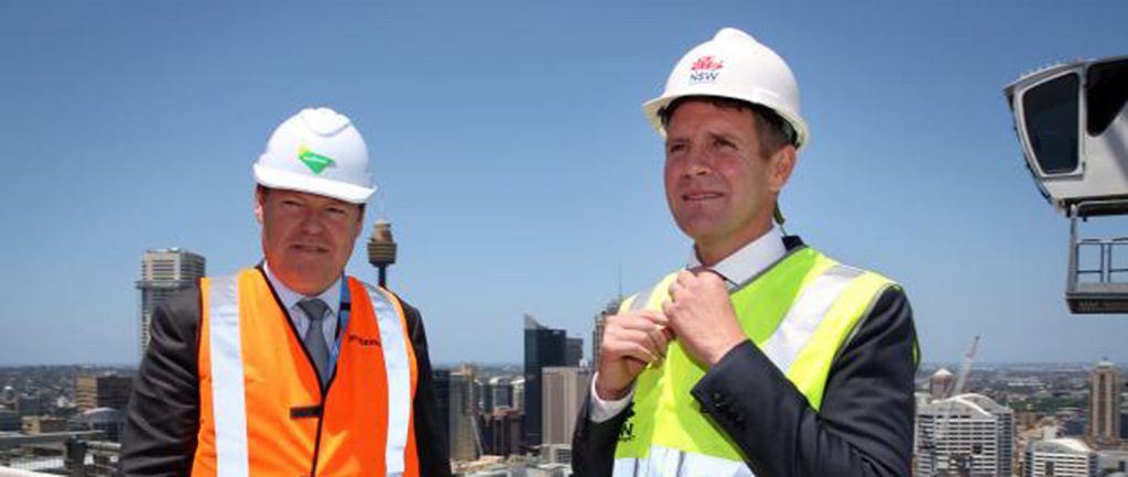 Lend Lease CEO Steve McCann and NSW Premier Mike Baird at Barangaroo. Picture: Jane Dempster.
