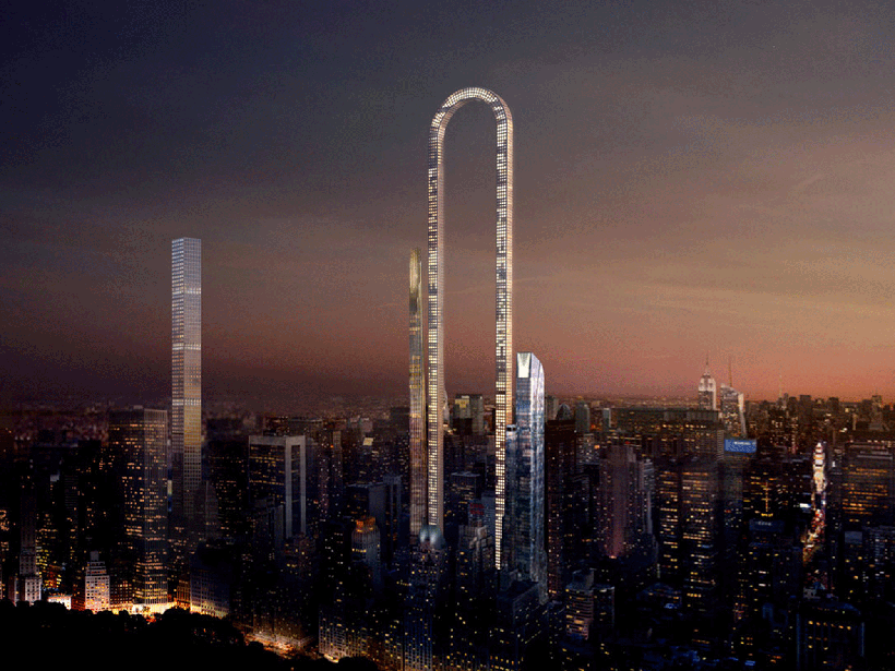 The building would still have the tall slender look of New York skyscrapers, but would look like two buildings connected at the top with a curve. Picture: Oiio Studios