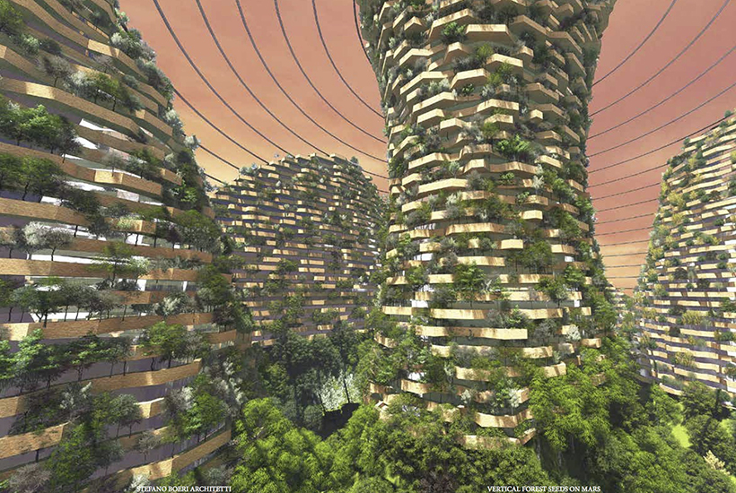 Stefano Boeri Architects’ depiction of a what a “vertical forest” on Mars might look like.
