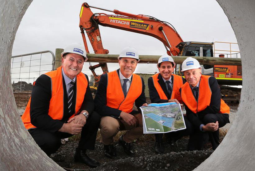 Developer Lino Bisinella (right) and Richard Bisinella with Lara MP John Eren (left) and Corio MP Richard Marles at their Geelong Ring Road industrial estate. Picture: Mike Dugdale.
