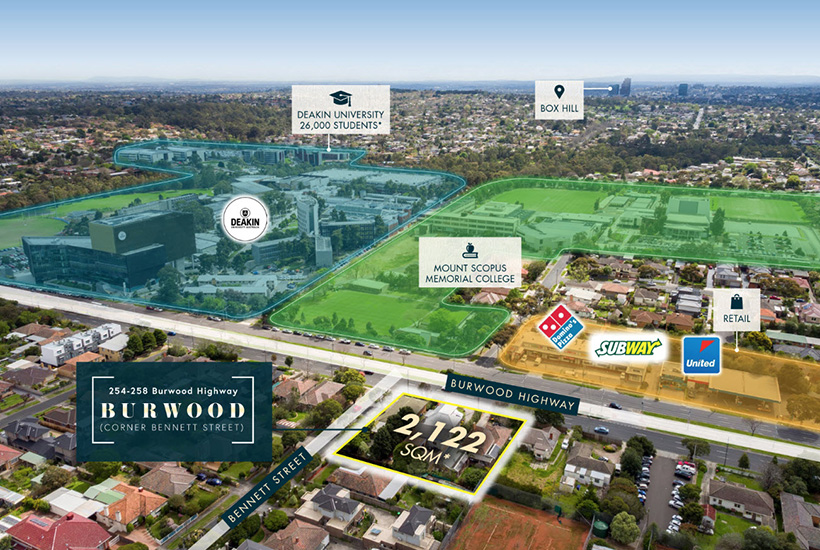 The Burwood Highway site (bottom) is close to Deakin University and other amenities.