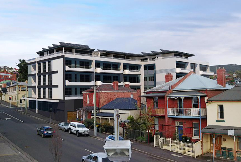 A proposed retail and accomodation development at Harrington St, Hobart.
