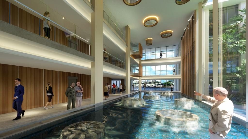 A canal feature will join the existing building and the new extension at TriCare Kawana Waters