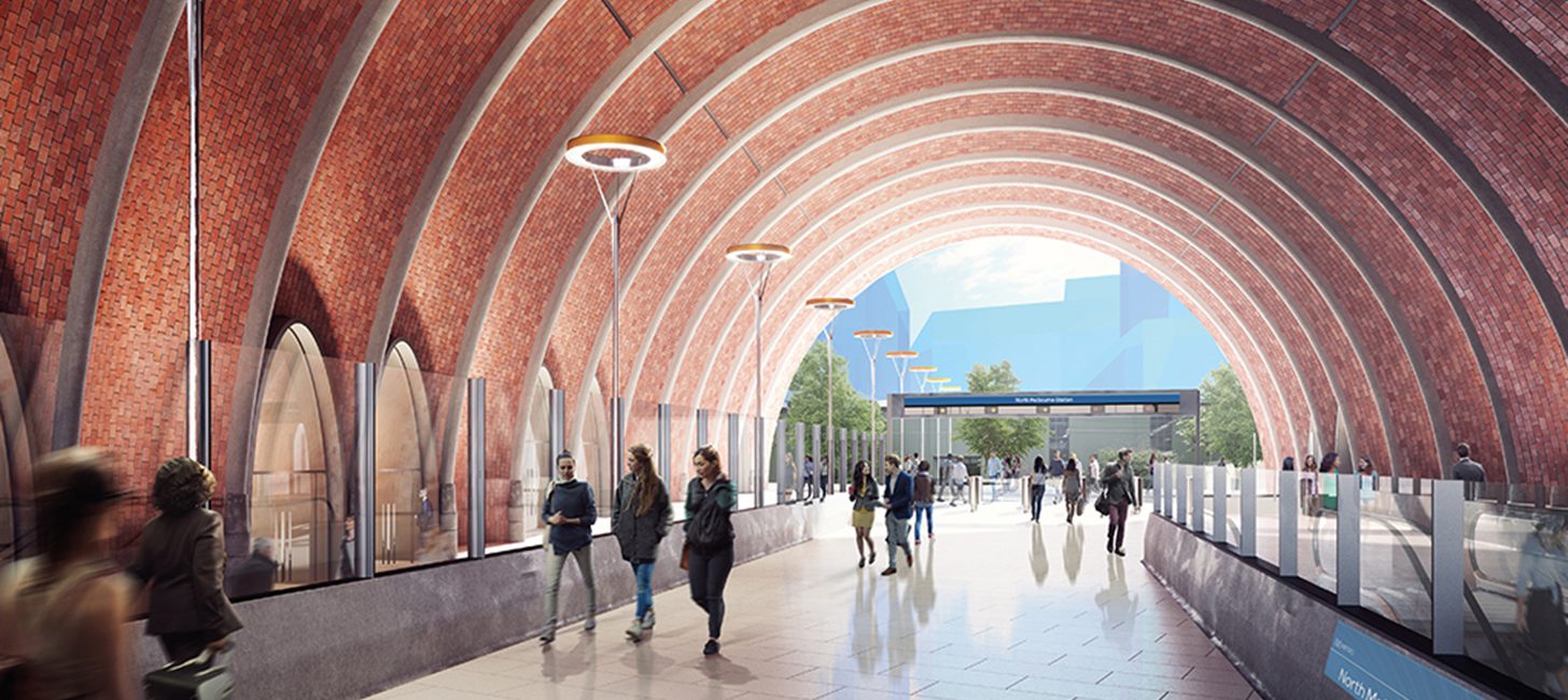 The North Melbourne station design by Hassell, Weston Williamson and Rogers Stirk Harbour and Partners. Image: State Government of Victoria.
