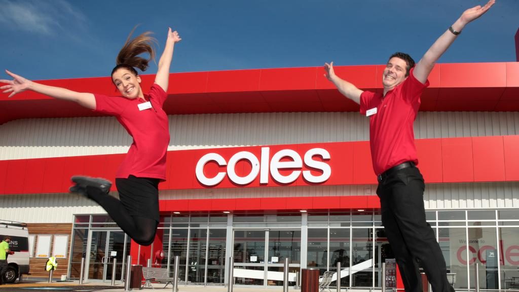 Drysdale Coles assistant customer service officer Carla Bradbury and store manager Jared Bond celebrated the impending store opening in 2017. Picture: Alison Wynd.
