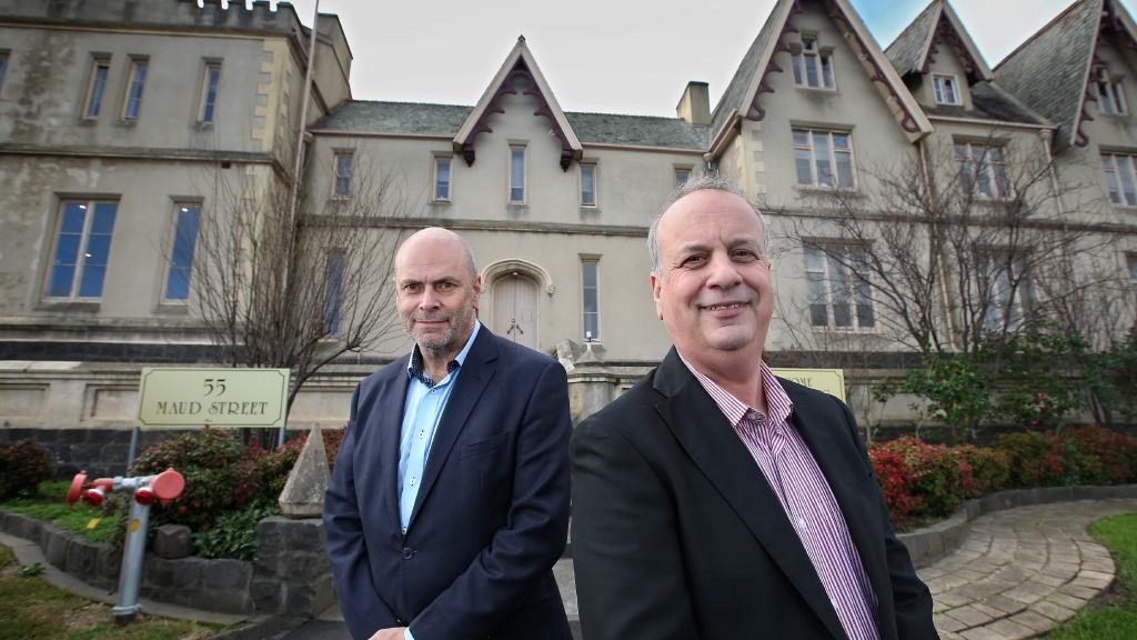 MMJ Real Estate, agent Joel Wald and developer Leon Theoharopoulos at the refurbished old Geelong Grammar School in Maud St. Picture: Glenn Ferguson
