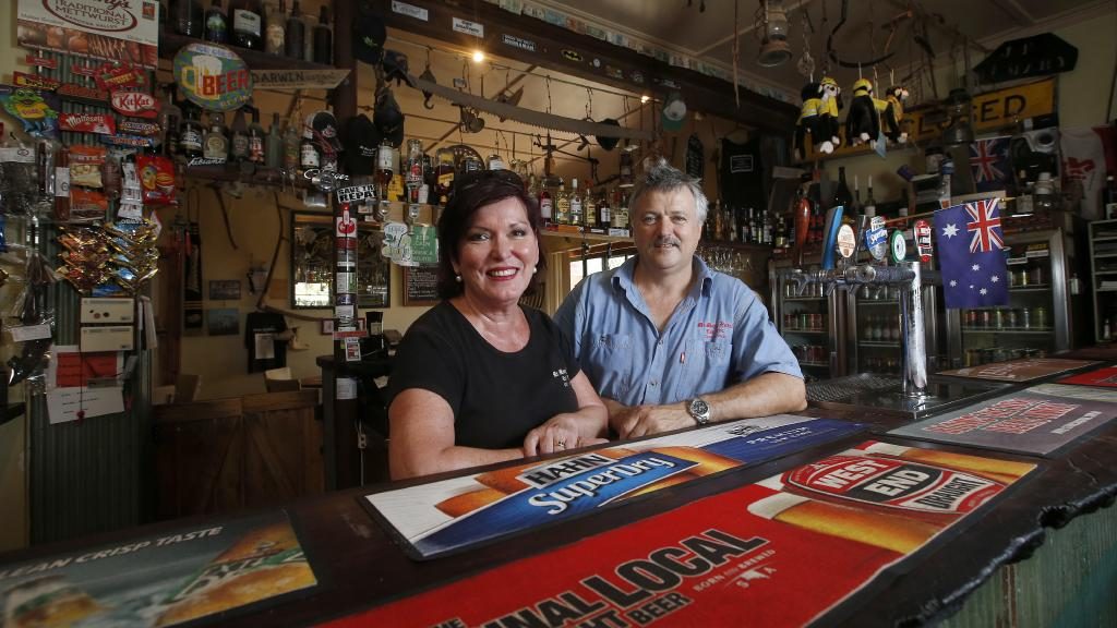 Peter and Tracey Anderson behind the bar at the Mount Mary Hotel. Picture: Simon Cross.
