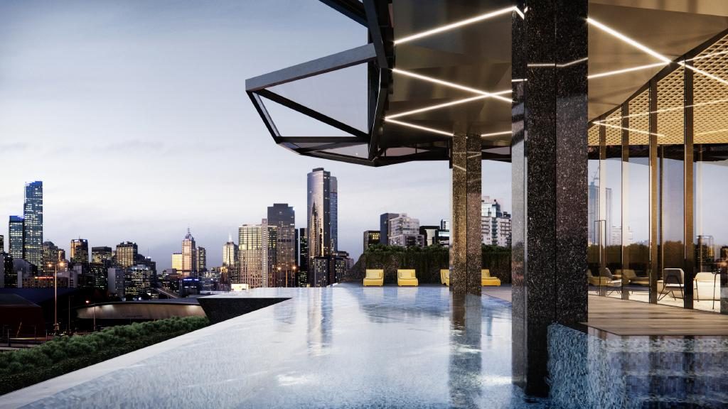 The infinity-edge cantilevered pool at the Normanby Melbourne development will give residents and AC Hotel guests an impressive view to Melbourne’s CBD.