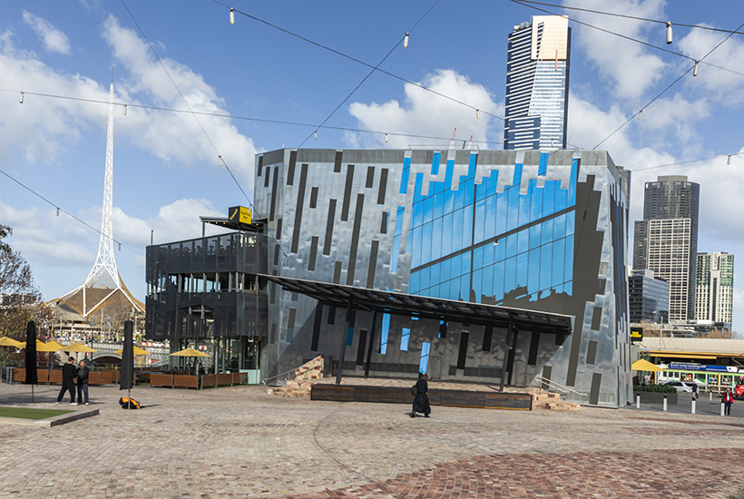 A new $5.4 million giant TV screen has just been completed at Federation Square. Pictures: Dan Soderstrom.
