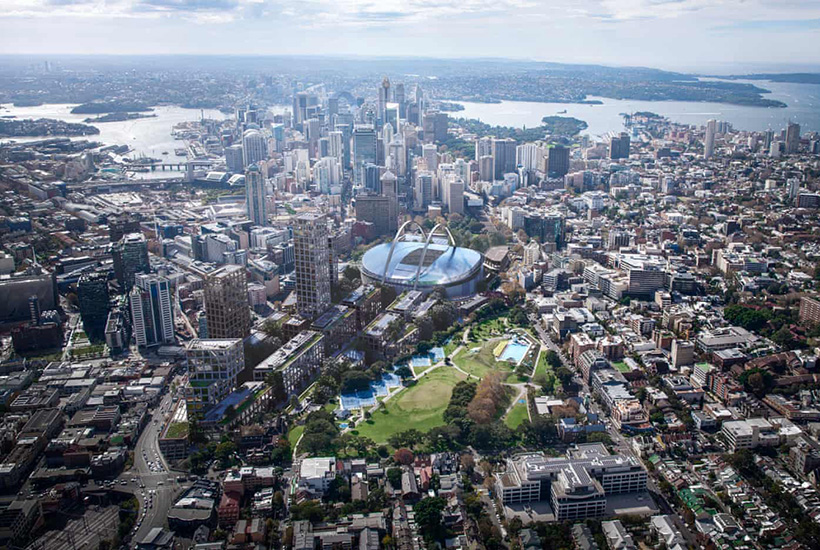 An image showing the proposed stadium design that would sit above rail lines near Central station. Photograph: Airphoto Australia/Bates Smart.

