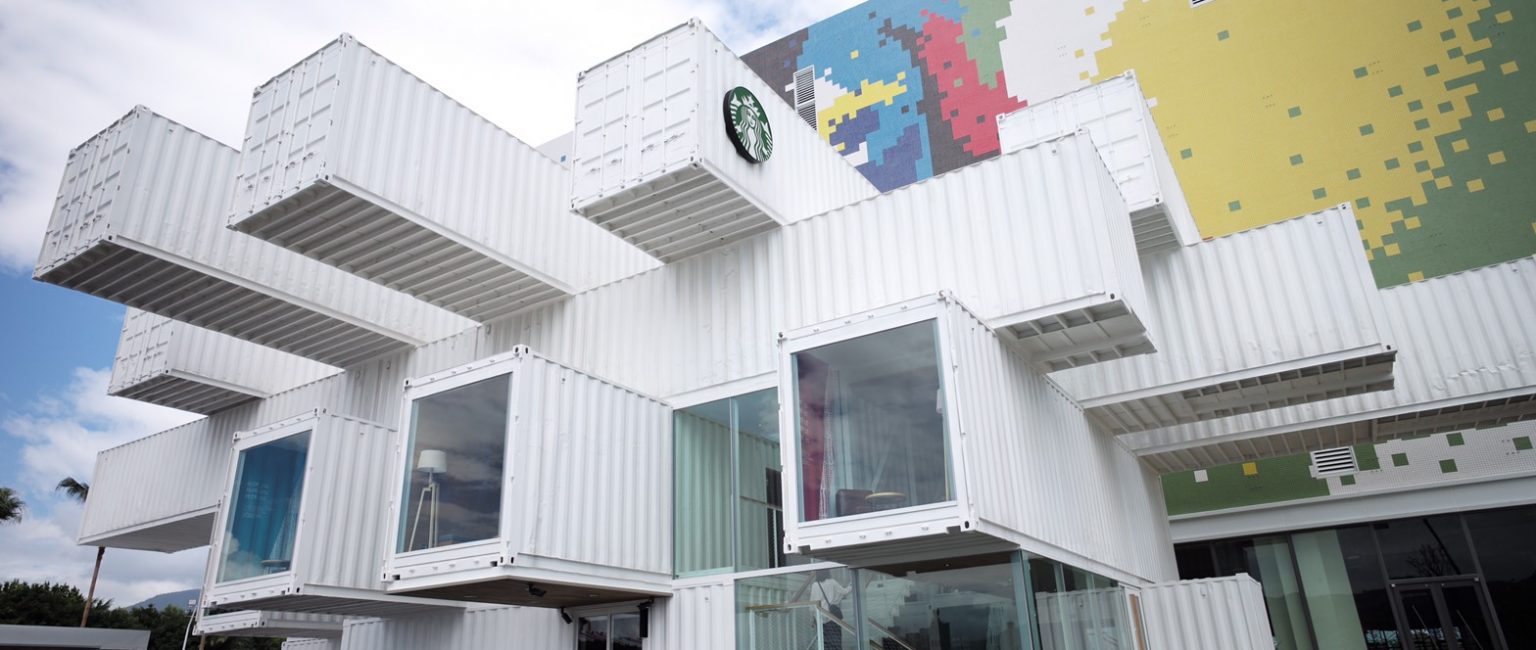 Japanese architect Kengo Kuma stacked 29 recycled shipping containers to make Starbuck’s latest cafe in Taiwan. Picture supplied

