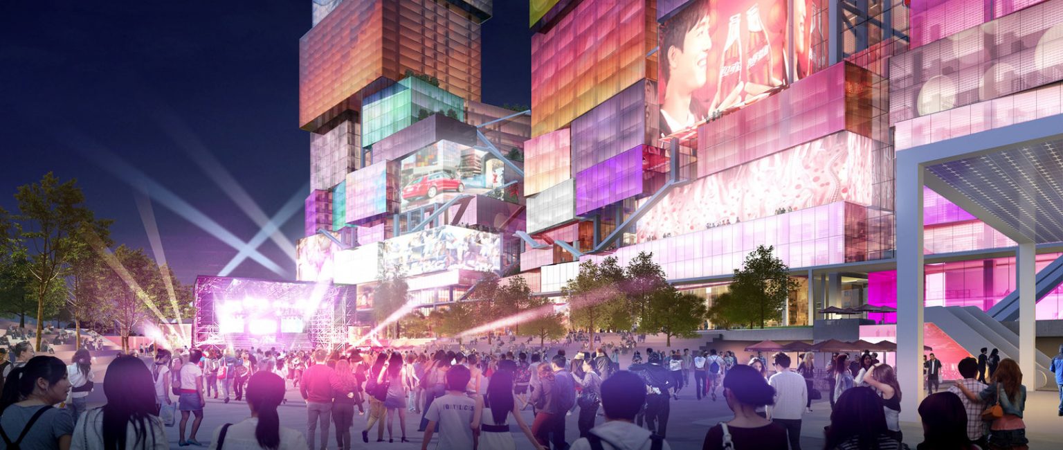 Designed by renowned studio MVRDV, Taipei’s “twin towers” will be made from stacks of large, fluorescent cubes.