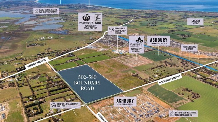 502-580 Boundary Rd, Armstrong Creek has been listed with permits for 443 new home lots. Price hopes are $40 million.