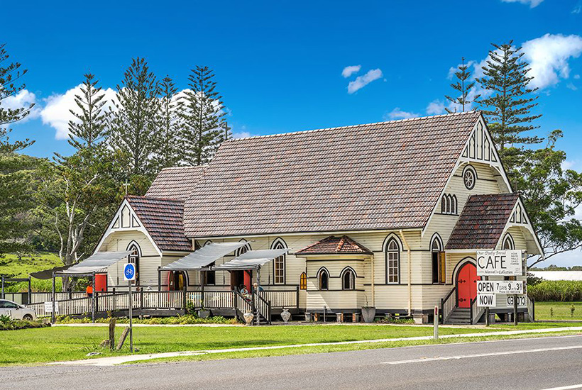The former St Columbkille’s church at Broadwater is now a memorable cafe.
