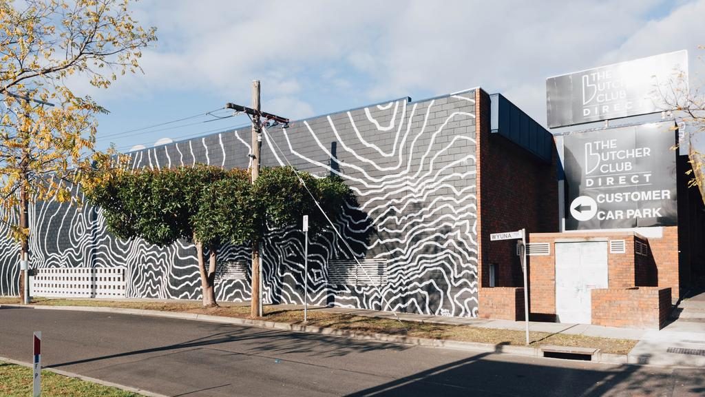The striking exterior of a Belmont commercial building is the work of artist Buff Diss.