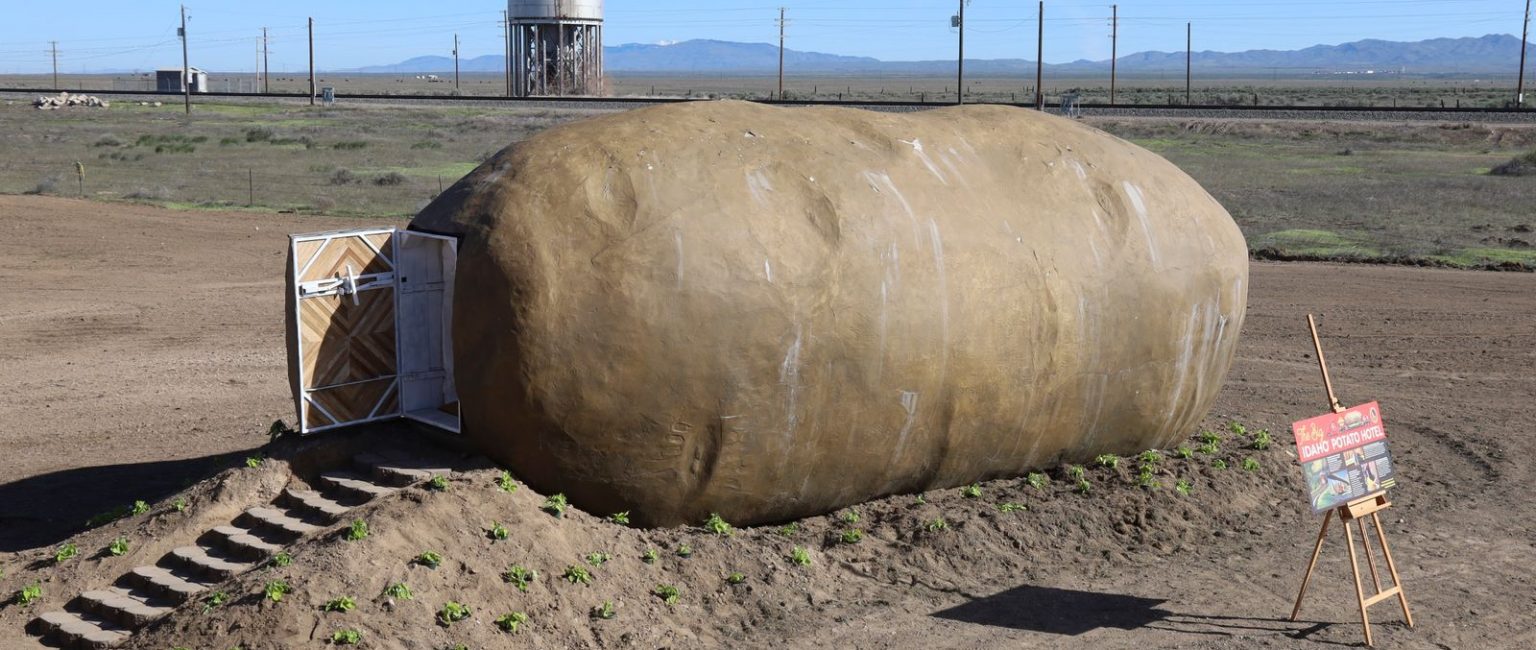 The Big Idaho® Potato Hotel is made of steel, plaster and concrete, is firmly planted in a field. Picture: Otto Kitsinger/AP Images for Idaho Potato Commission
