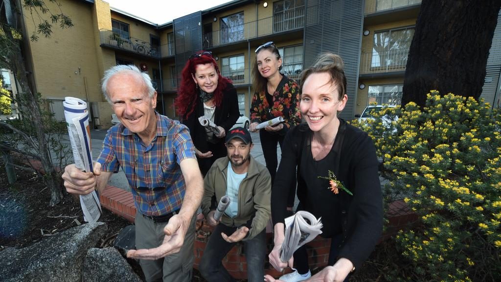 Twenty apartment owners, including Paul Hodgkinson, Rudie Chapman, Vladimir Masion, Irina Valbe and Karen McMulle, have cashed in from the multimillion-dollar sale of their St Kilda unit block. Picture: Tony Gough
