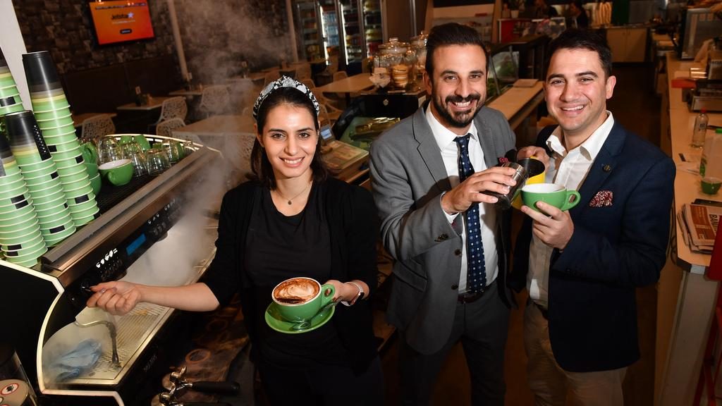 Nada Hamra, owner of Cafe #12, Jason Spagnuolo and Sam Brincat, directors of Ray White Norwood. Pic: Keryn Stevens.
