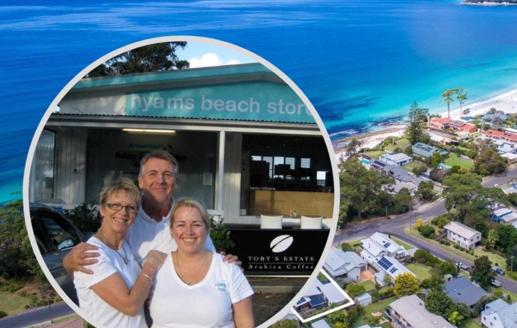 The Alison family outside Hyams Beach Store and Cafe and an aerial view of the village.