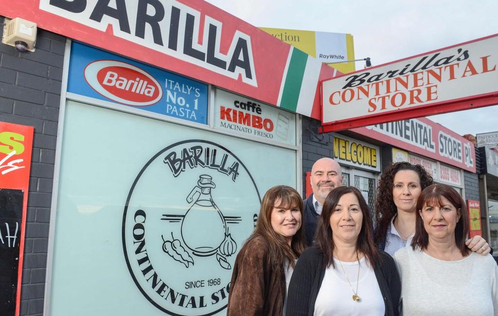 Grace Russo, Mimma Trimboli, Joe Barilla, Mary Spano and Christina Hercegovac outside the Barilla Continental store in Seaton which shut its doors after more than 50 years in business. Picture: Brenton Edwards/AAP
