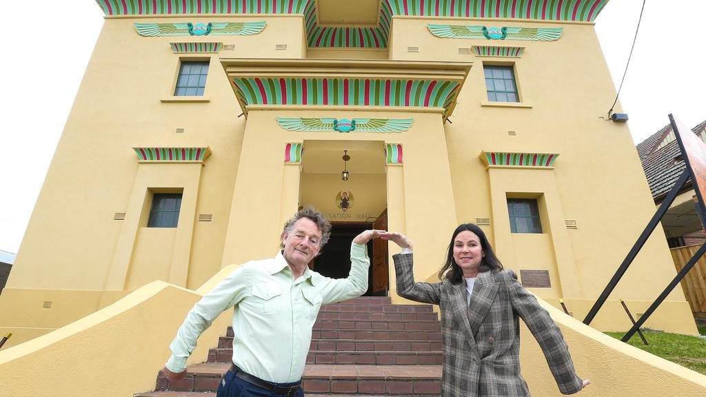 Former Split Enz band member Noel Crombie, Nicole Fraser and their business partner Sally Mill (not pictured) are selling Canterbury’s Egyptian-style Emulation Hall. Picture: Ian Currie.
