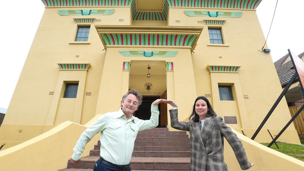 Former Split Enz band member Noel Crombie, Nicole Fraser and their business partner Sally Mill (not pictured) are selling Canterbury’s Egyptian-style Emulation Hall. Picture: Ian Currie.