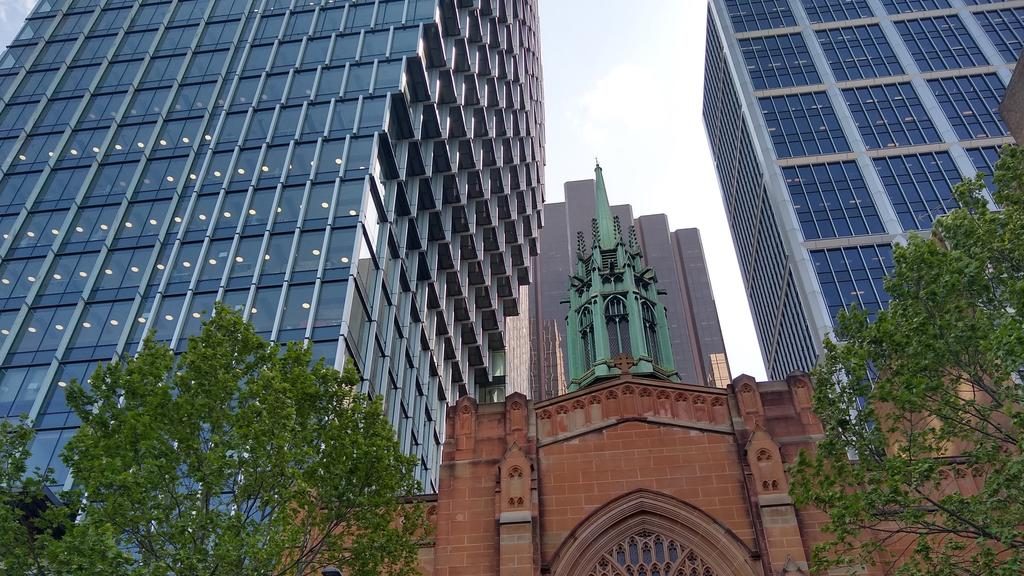 A newly completed 33-storey tower in Martin Place that leans over the next door St Stephen’s Church.
