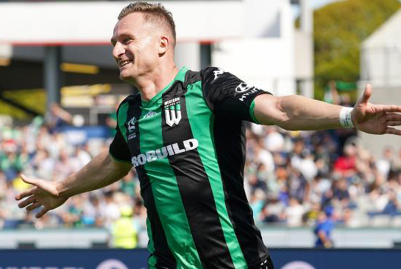 Besart Berisha of Western United FC celebrates a goal. Picture: AAP
