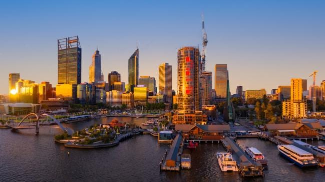 Aerial view of Perth’s Elizabeth Quay at sunset.
