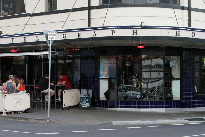 A crowd at the Telegraph Hotel.
