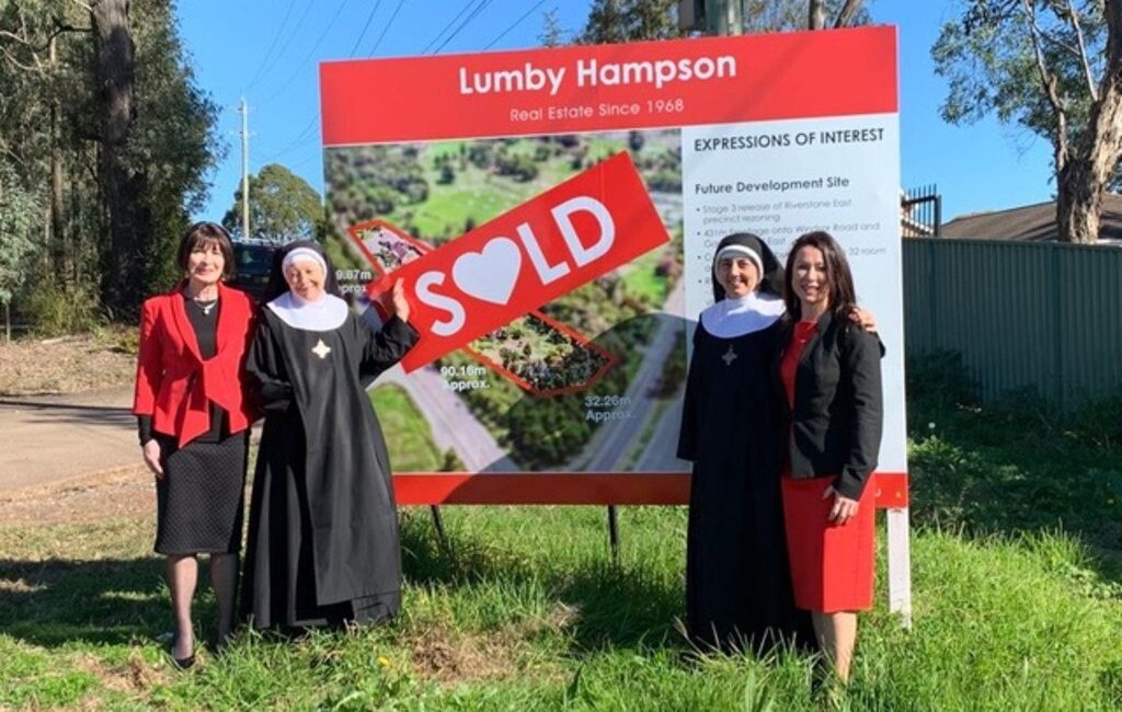 Sold – Jan Lumby, Mother Marie Pierre, Mother Columba and Kate Lumby, outside 325 Garfield Rd, East Riverstone.