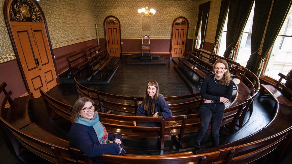 Lovell Chen architects Anne-Marie Treweeke, Suzanne Zahra and Libby Blamey painstakingly restored the Trades Hall’s Old Council Chamber — which is set to be opened for virtual tours as part of this year’s Open House Melbourne. Picture: Jason Edwards
