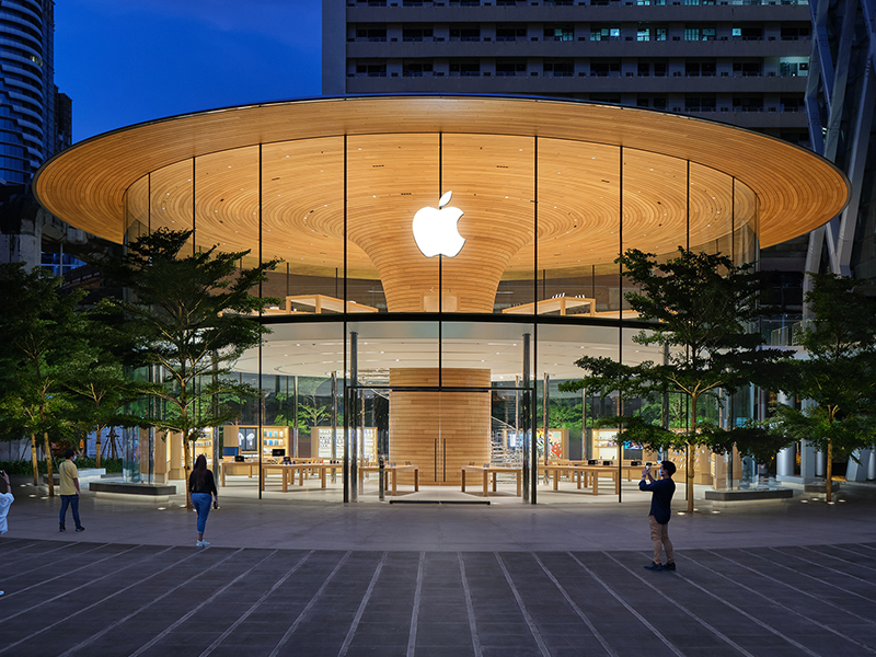Built around a giant tree, this glass box store is the first of its kind. Picture: Apple
