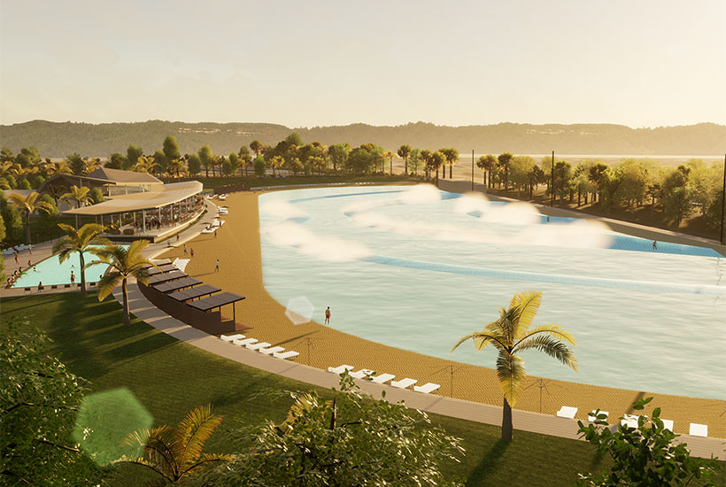 The 315m by 92m wave-generating pool planned for the Glass House Mountains site is one of many such facilities popping up across Australia. Picture: Sprout Architects/Surf Parks Australia
