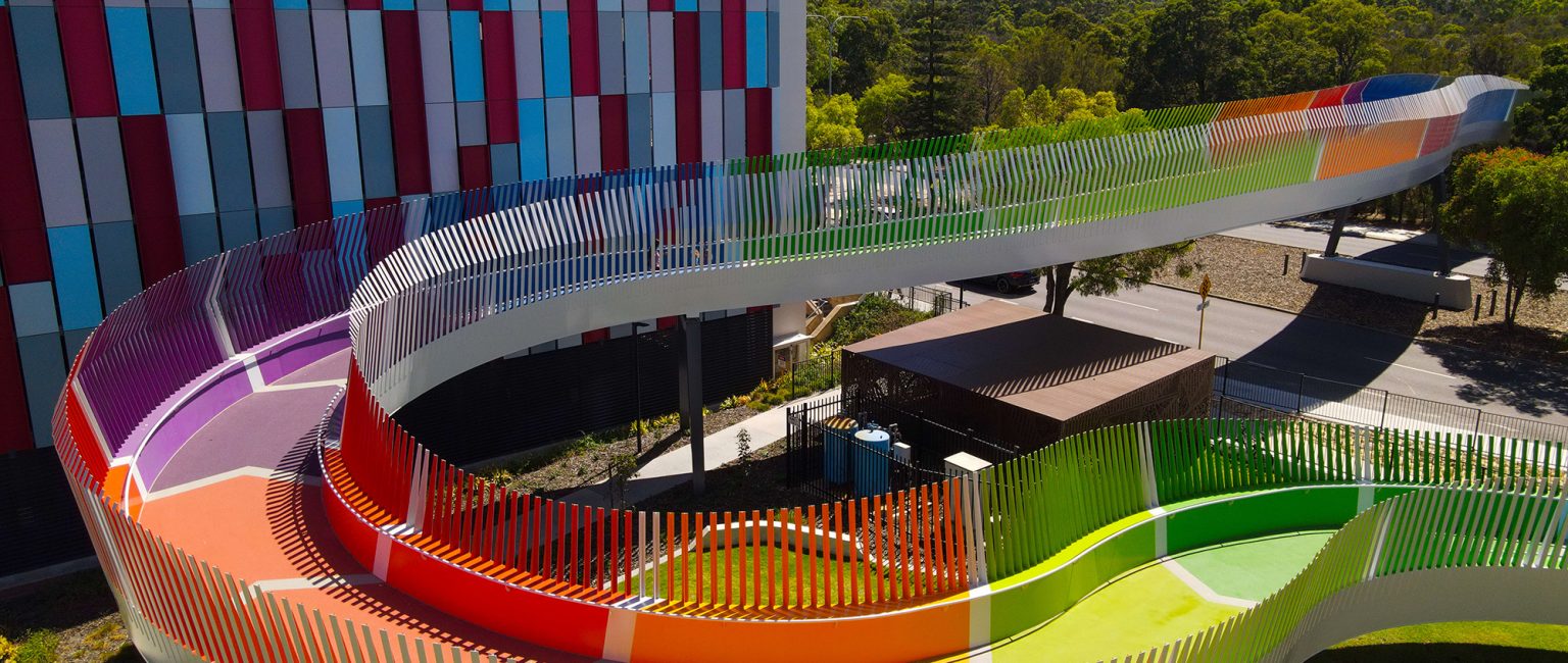 The Kids’ Bridge that connects the Perth Children’s Hospital to Kings Park is a contender in the Urban Design Category. Picture: Drone photography by Asset Reports
