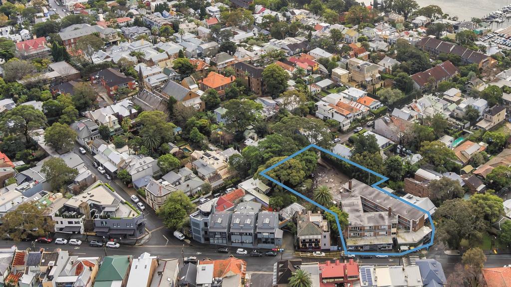 An aerial overview of the site at 189 Darling St and 7 Waterview St in Balmain