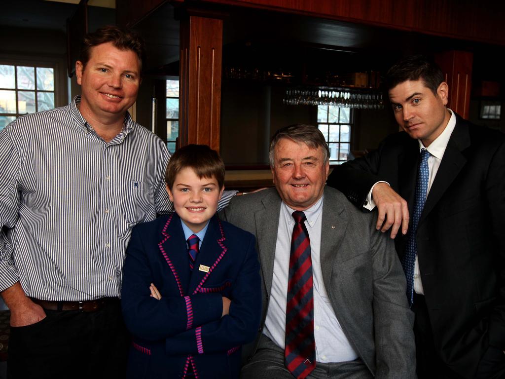 Publican Arthur Laundy with his two sons Craig 40 ( wearing white and blue stripe shirt ) , Stuart 38 ( wearing suit jacket )and Craig's son Charlie 12, pictured at the The Harlequin Hotel, Pyrmont.