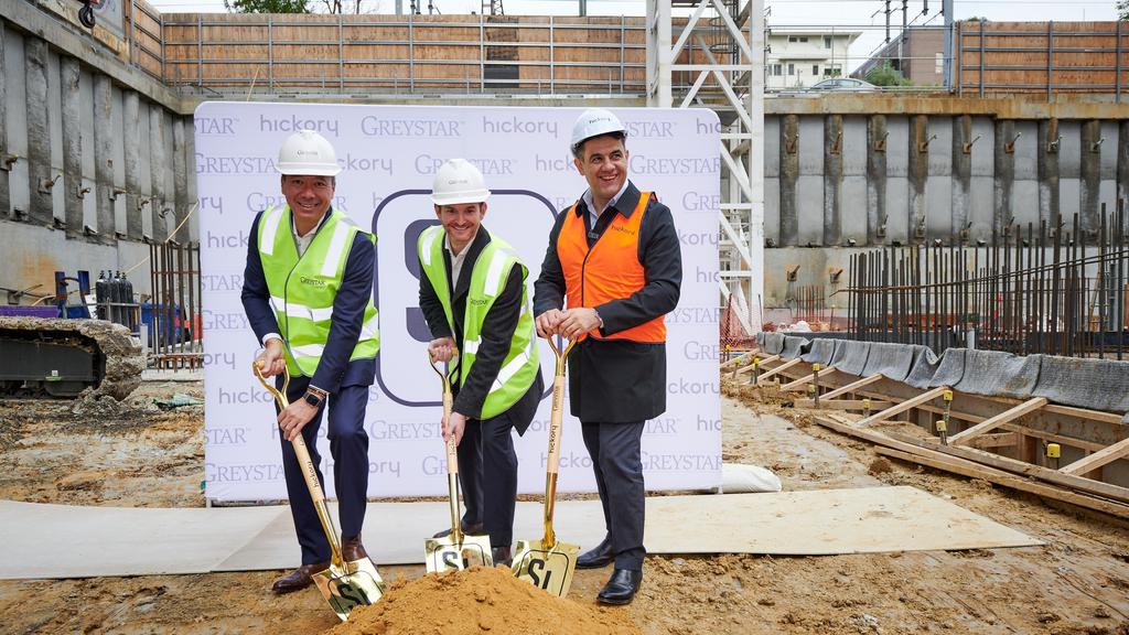 Supplied Editorial Greystar has turned the sod at its build to rent project in Melbourne's South Yarra. People from left: Chris Key, managing director, Greystar Australia; Sean Ryan Greystar, senior director development, George Abraham, managing director Hickory.