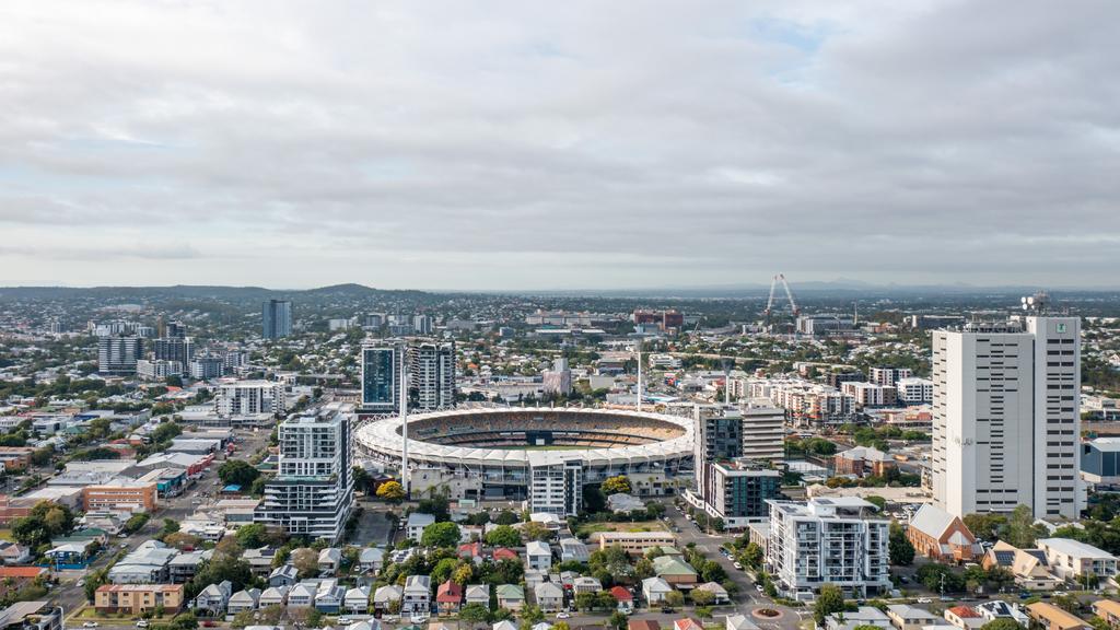 Brisbane Queensland Australia - January 10 2023 : Woolloongabba (Gabba) stadium is seen on a summer morning. This stadium is set to welcome Brisbane Olympics summer games in 2032