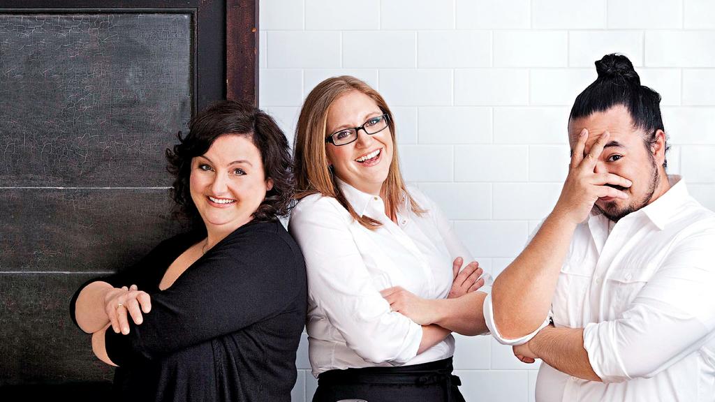 Former winners of Masterchef Australia; Julie Goodwin, Adam Liaw and Kate Bracks. Pictured for Sunday Magazine. Pic: Damien Pleming