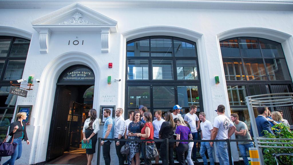 Queue forming outside Garden State Hotel on Flinders Lane