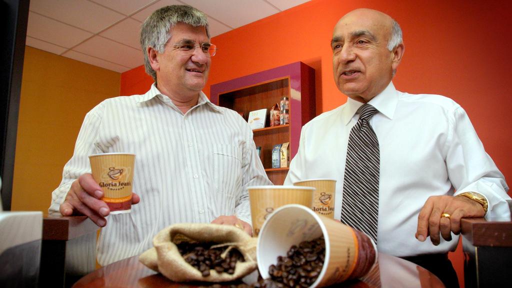 Gloria Jeans Coffees MD Peter Irvine (L) and executive chairman Nabi Saleh at their Castle Hill headquarters in Sydney.